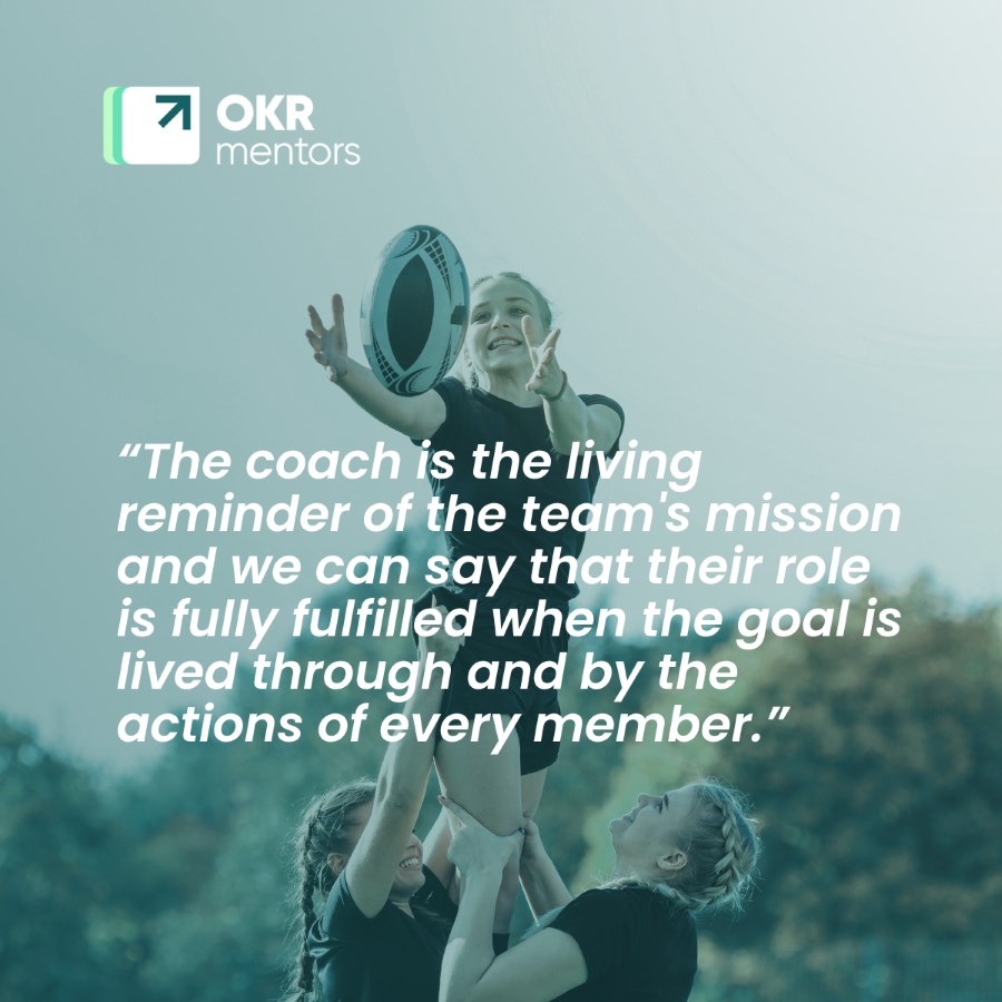 Features a quote about coaching and business contexts, particularly in guiding teams toward shared goals using OKRs