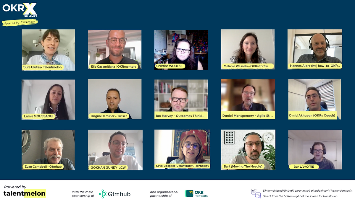 Group of OKR experts and coaches gathered for the OKR X Summit, featuring individuals from Talentmelon, OKR mentors, Gtmhub, Agile Strategies, and other organizations, sharing insights on OKRs, agile strategies, and business transformation.