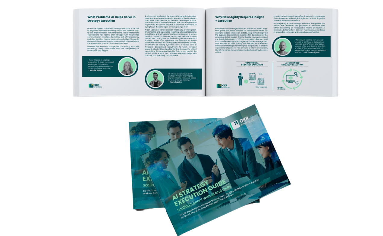 The 'AI Strategy Execution Guide' booklet featuring professionals in a meeting. The cover displays the title 'AI Strategy Execution Guide' with a team collaborating in a digital workspace, featuring a mix of technology and strategy elements. The authors are listed below the title