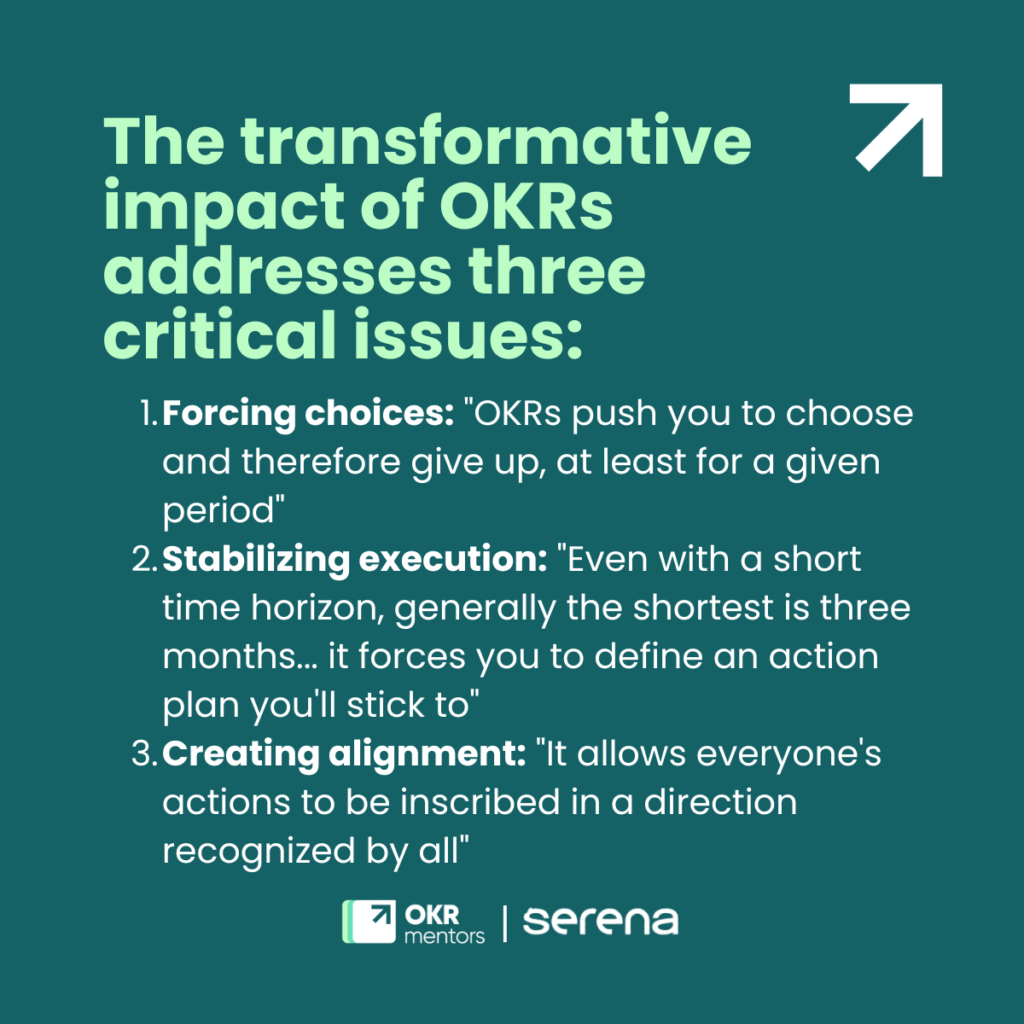 “The transformative impact of OKRs addresses three critical issues:” graphic listing forcing choices, stabilizing execution, and creating alignment, with OKR Mentors and Serena logos.
