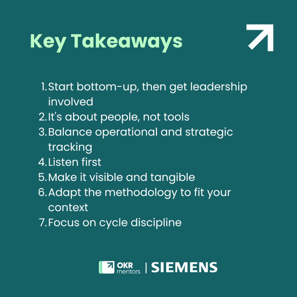 ‘Season of Discovery: A Bottom-Up Approach’ slide describing Siemens’ experimental OKR pilot for corporate communications—an exploratory, team-led initiative to adapt and navigate the methodology together.